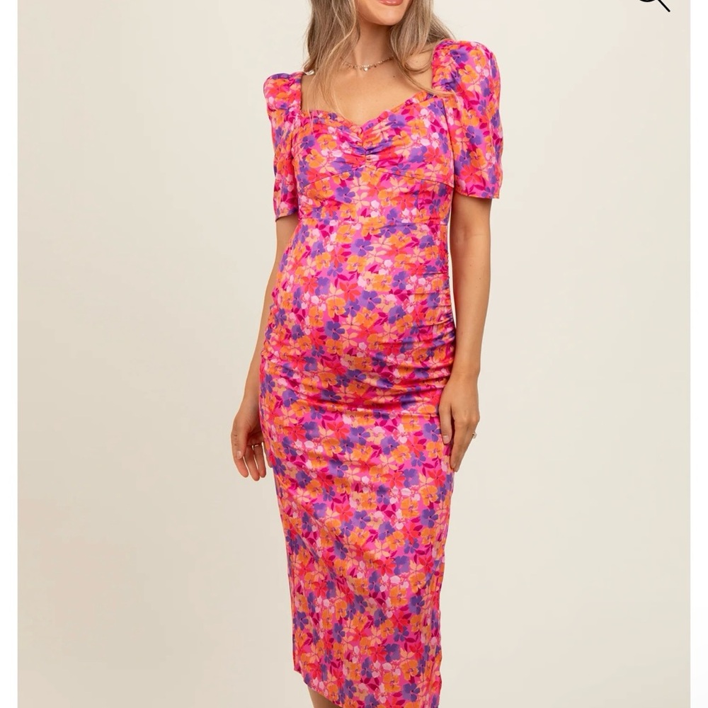Pink Blush Fuchsia Floral Ruffle Sweetheart Fitted Maternity Midi Dress